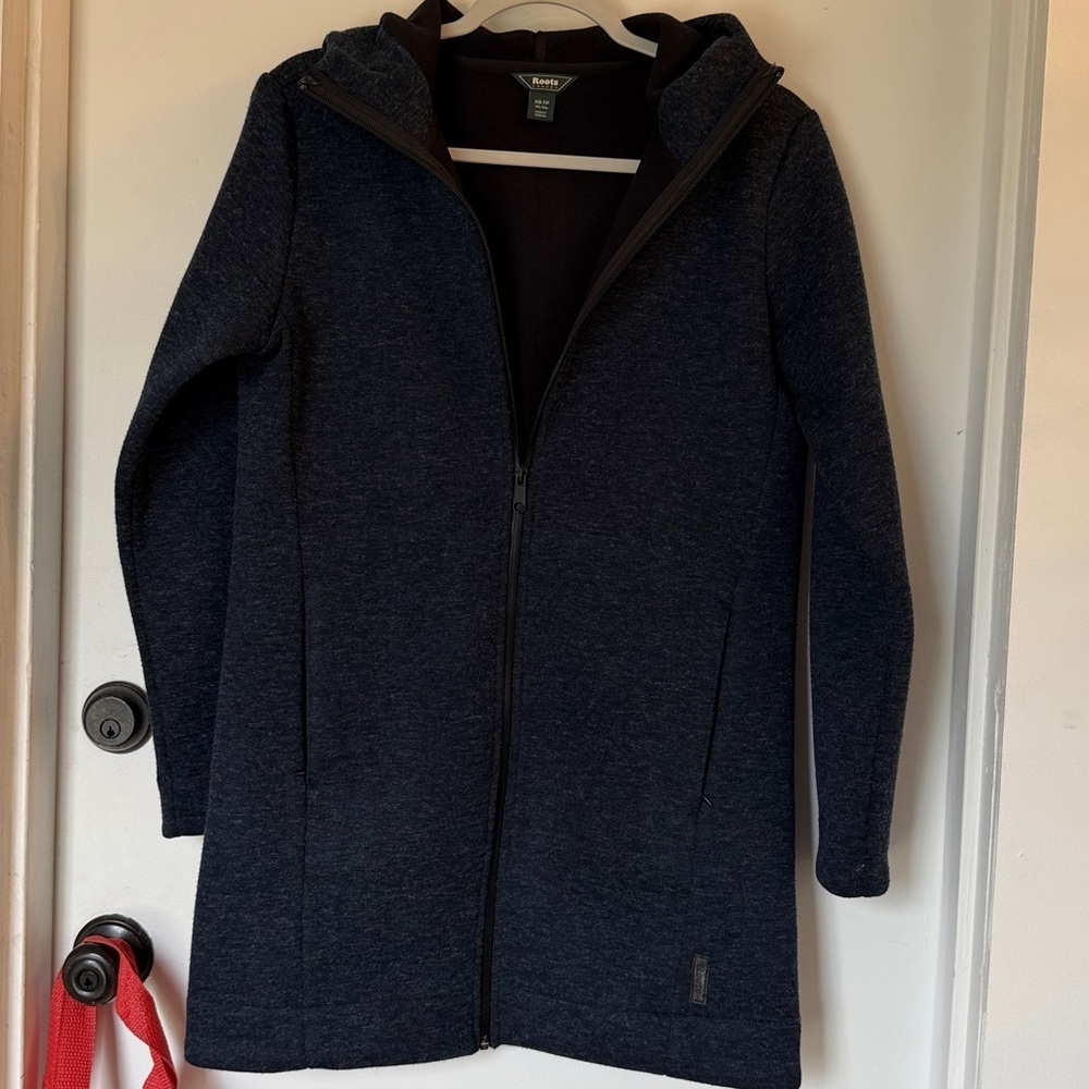Roots canada women's longline zip-up fleece hooded jacket heathered blue XS